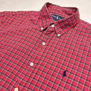 Vtg Polo Ralph Lauren Mens L Button Down Shirt Classic Fit Plaid Red Pink Preppy